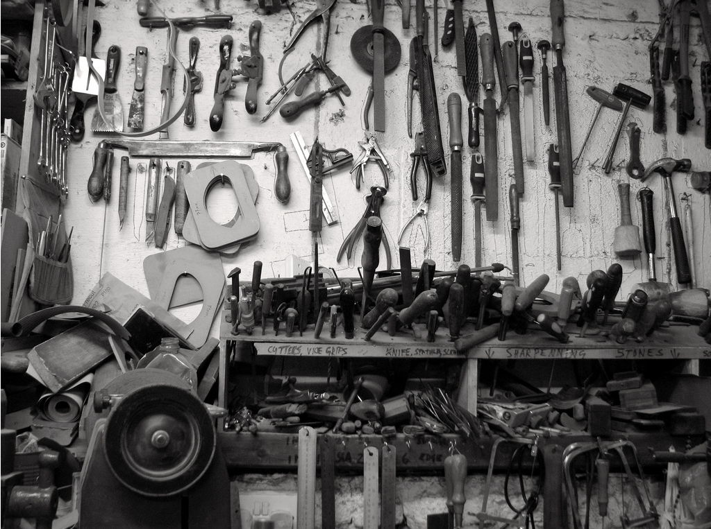 The tools wall in Paul Doyle's instrument workshop, Galway